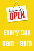 COME IN, WE'RE OPEN sign with Yellow Background