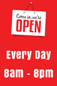 COME IN, WE'RE OPEN sign with Red Background