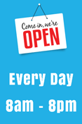 COME IN, WE'RE OPEN sign with Blue Background