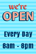 WE'RE OPEN sign with Blue Stripes Background