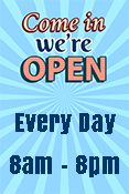 COME IN, WE'RE OPEN sign with Blue Burst Background