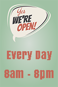 YES WE'RE OPEN sign with Olive Background